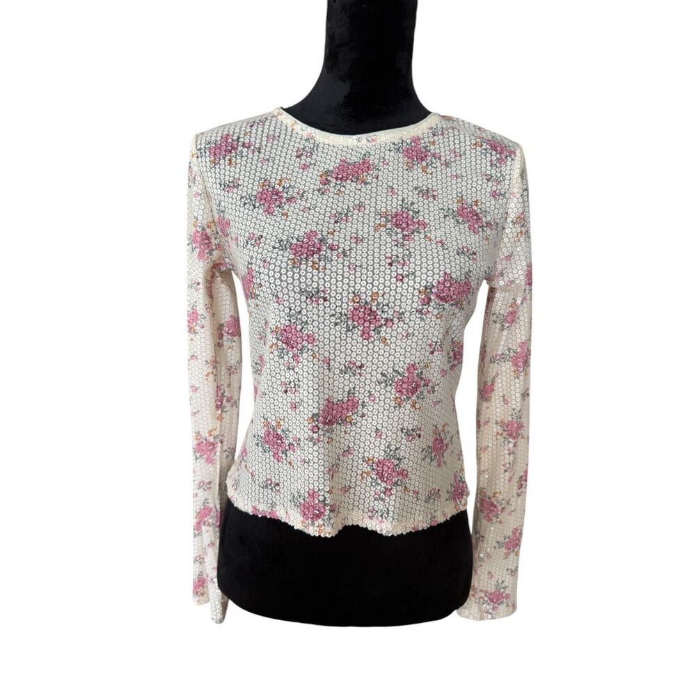 GB White&Pink Floral‎ Sequin Fairy Cottagecore Boho Long Sleeve Top NWT Sz L